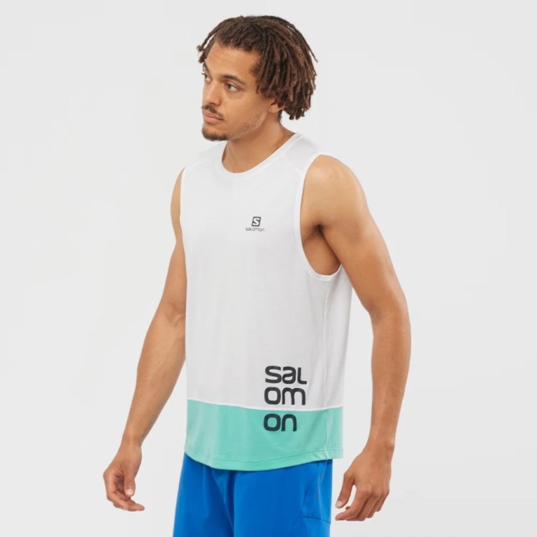 White / Turquoise Salomon Cross Run Graphic Men\'s Tanks | IE DZ6518